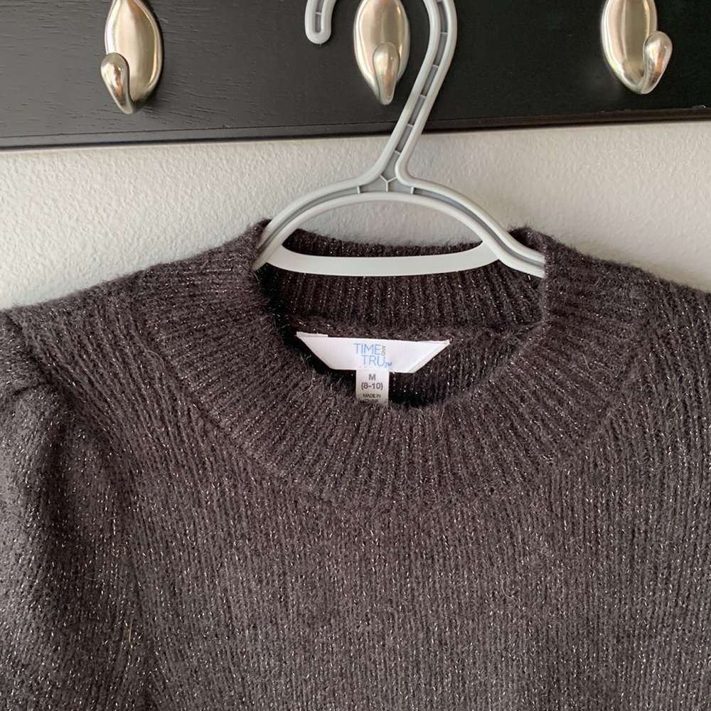 Time & Tru NWT Womens Puff Sleeve Crew Neck Sweater Black Gold Medium Mob Wife - Picture 4 of 15